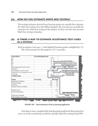 190	

Software Testing Interview Questions

(A)	 How do you estimate white box testing?
The testing estimates derived from function points are actually the estimates
for white box testing. So in the following figure the man days are actually the
estimates for white box testing of the project. It does not take into account
black box testing estimation.

(A)	 Is there a way to estimate acceptance test cases
in a system?
Total acceptance test cases 5 total adjusted function points multiplied by 1.2:
The total estimate for this project is 37.7 man days.

Figure 169  Total estimation of the accounting application

Now that we have completed the function point analysis for this project let’s
move on to the second step needed to calculate black box testing using TPA.

 