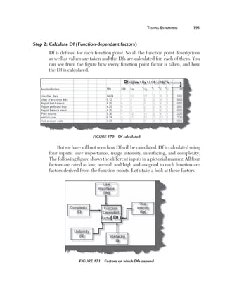 Testing Estimation	

191

Step 2: Calculate Df (Function-dependant factors)
Df is defined for each function point. So all the function point descriptions
as well as values are taken and the Dfs are calculated for, each of them. You
can see from the figure how every function point factor is taken, and how
the Df is calculated.

Figure 170  Df calculated

But we have still not seen how Df will be calculated. Df is calculated using
four inputs: user importance, usage intensity, interfacing, and complexity.
The following figure shows the different inputs in a pictorial manner. All four
factors are rated as low, normal, and high and assigned to each function are
factors derived from the function points. Let’s take a look at these factors.

Figure 171  Factors on which Dfs depend

 