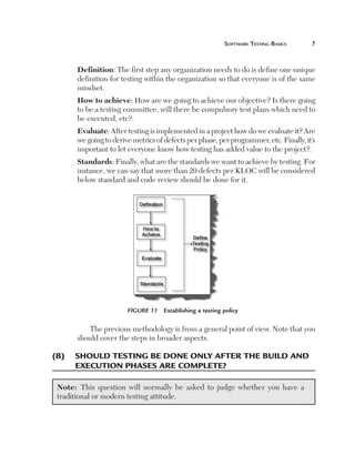 Software Testing Basics	



Definition: The first step any organization needs to do is define one unique
definition for testing within the organization so that everyone is of the same
mindset.
How to achieve: How are we going to achieve our objective? Is there going
to be a testing committee, will there be compulsory test plans which need to
be executed, etc?.
Evaluate: After testing is implemented in a project how do we evaluate it? Are
we going to derive metrics of defects per phase, per programmer, etc. Finally, it’s
important to let everyone know how testing has added value to the project?.
Standards: Finally, what are the standards we want to achieve by testing. For
instance, we can say that more than 20 defects per KLOC will be considered
below standard and code review should be done for it.

Figure 11  Establishing a testing policy

The previous methodology is from a general point of view. Note that you
should cover the steps in broader aspects.

(B)	 Should testing be done only after the build and
execution phases are complete?
Note:  This question will normally be asked to judge whether you have a
traditional or modern testing attitude.

 
