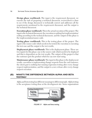 16	

Software Testing Interview Questions

Design phase workbench: The input is the requirement document, we
execute the task of preparing a technical document; review/check is done
to see if the design document is technically correct and addresses all the
requirements mentioned in the requirement document, and the output is
the technical document.
Execution phase workbench: This is the actual execution of the project. The
input is the technical document; the execution is nothing but implementation/
coding according to the technical document, and the output of this phase is
the implementation/source code.
Testing phase workbench: This is the testing phase of the project. The
input is the source code which needs to be tested; the execution is executing
the test case and the output is the test results.
Deployment phase workbench: This is the deployment phase. There are
two inputs for this phase: one is the source code which needs to be deployed
and that is dependent on the test results. The output of this project is that
the customer gets the product which he can now start using.
Maintenance phase workbench: The input to this phase is the deployment
results, execution is implementing change requests from the end customer,
the check part is nothing but running regression testing after every change
request implementation, and the output is a new release after every change
request execution.

(B)	 What’s the difference between alpha and beta
testing?
Alpha and beta testing has different meanings to different people. Alpha testing
is the acceptance testing done at the development site. Some organizations

Figure 21  Alpha and beta testing

 
