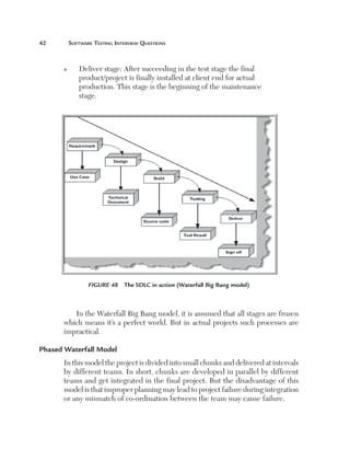 42	

Software Testing Interview Questions

n

D
 eliver stage: After succeeding in the test stage the final
product/project is finally installed at client end for actual
production. This stage is the beginning of the maintenance
stage.

Figure 48  The SDLC in action (Waterfall Big Bang model)

In the Waterfall Big Bang model, it is assumed that all stages are frozen
which means it’s a perfect world. But in actual projects such processes are
impractical.
Phased Waterfall Model
In this model the project is divided into small chunks and delivered at intervals
by different teams. In short, chunks are developed in parallel by different
teams and get integrated in the final project. But the disadvantage of this
model is that improper planning may lead to project failure during integration
or any mismatch of co-ordination between the team may cause failure.

 