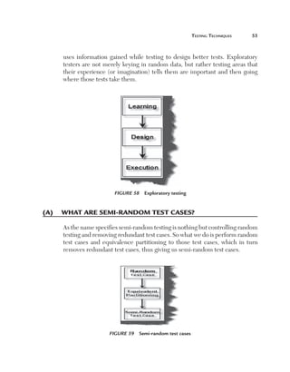 Testing Techniques	

55

uses information gained while testing to design better tests. Exploratory
testers are not merely keying in random data, but rather testing areas that
their experience (or imagination) tells them are important and then going
where those tests take them.

Figure 58  Exploratory testing

(A)	 What are semi-random test cases?
As the name specifies semi-random testing is nothing but controlling random
testing and removing redundant test cases. So what we do is perform random
test cases and equivalence partitioning to those test cases, which in turn
removes redundant test cases, thus giving us semi-random test cases.

Figure 59  Semi-random test cases

 