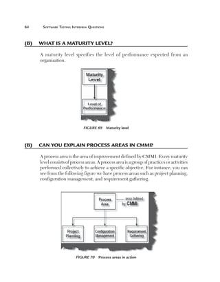 64	

Software Testing Interview Questions

(B)	 What is a maturity level?
A maturity level specifies the level of performance expected from an
organization.

Figure 69  Maturity level

(B)	 Can you explain process areas in CMMI?
A process area is the area of improvement defined by CMMI. Every maturity
level consists of process areas. A process area is a group of practices or activities
performed collectively to achieve a specific objective. For instance, you can
see from the following figure we have process areas such as project planning,
configuration management, and requirement gathering.

Figure 70  Process areas in action

 