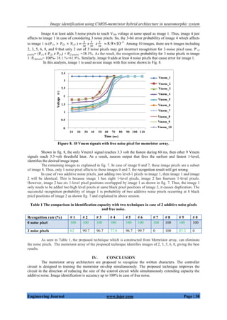 Image identification using CMOS-memristor hybrid architecture in neuromorphic system
Engineering Journal www.iajer.com Page | 38
Image 4 at least adds 3 noise pixels to reach VDD voltage at same speed as image 1. Thus, image 4 just
affects to image 1 in case of considering 3 noise pixels. So, the 3-bit error probability of image 4 which affects
to image 1 is (P(1)  P(2)  P(3) )
4
8.9 10
 . Among 10 images, there are 6 images including
2, 3, 5, 6, 8, and 9 that only 2 out of 3 noise pixels may get incorrect recognition for 3-noise pixel case. P (3
pixels)= (P(1) P(2) P(3)) + P(2 pixels) =38.1%. As the result, the recognition probability for 3 noise pixels in image
1: P(3pixels)= 100%- 38.1.%=61.9%. Similarly, image 0 adds at least 4 noise pixels that cause error for image 1.
In this analysis, image 1 is used as test image with free noise shown in Fig. 8.
Figure 8. 10 Vmem signals with free noise pixel for memristor array.
Shown in fig. 8, the only Vmem1 signal reaches 3.3 volt the fastest during 60 ms, then other 9 Vmem
signals reach 3.3-volt threshold later. As a result, neuron output that fires the earliest and fastest 1-level,
identifies the desired image input.
The remaining images as explained in fig. 7. In case of image 0 and 7, these image pixels are a subset
of image 8. Thus, only 1 noise pixel affects to these images 0 and 7, the recognition result will get wrong.
In case of two additive noise pixels, just adding two level-1 pixels to image 1, then image 1 and image
2 will be identical. This is because image 1 has eight 1-level pixels, image 2 has fourteen 1-level pixels.
However, image 2 has six 1-level pixel positions overlapped by image 1 as shown in fig. 7. Thus, the image 1
only needs to be added two high level pixels at same black pixel positions of image 2, it causes duplication. The
successful recognition probability of image 1 is probability of two additive noise pixels occurring at 8 black
pixel positions of image 2 as shown fig. 7 and explained in above session.
Table 1 The comparison in identification capacity with two techniques in case of 2 additive noise pixels
and free noise.
As seen in Table 1, the proposed technique which is constructed from Memristor array, can eliminate
the noise pixels. The memristor array of the proposed technique identifies images of 2, 3, 5, 6, 8, giving the best
results.
IV. CONCLUSION
The memristor array architecture are proposed to recognize the written characters. The controller
circuit is designed to training the memristor on-chip simultaneously. The proposed technique improves the
circuit in the direction of reducing the size of the control circuit while simultaneously extending capacity the
additive noise. Image identification is accuracy up to 100% in case of free noise.
Recognition rate (%) # 1 # 2 # 3 # 4 # 5 # 6 # 7 # 8 # 9 # 0
0 noise pixel 100 100 100 100 100 100 100 100 100 100
2 noise pixels 62 99.7 96.7 77.8 96.7 99.7 0 100 87.2 0
 