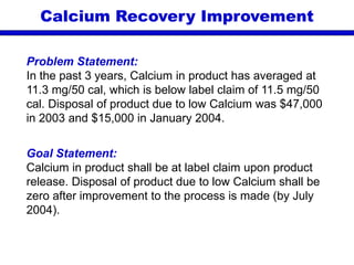 Problem Statement:
In the past 3 years, Calcium in product has averaged at
11.3 mg/50 cal, which is below label claim of 11.5 mg/50
cal. Disposal of product due to low Calcium was $47,000
in 2003 and $15,000 in January 2004.
Goal Statement:
Calcium in product shall be at label claim upon product
release. Disposal of product due to low Calcium shall be
zero after improvement to the process is made (by July
2004).
Calcium Recovery Improvement
 