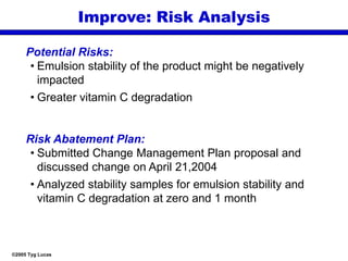 ©2005 Tyg Lucas
Improve: Risk Analysis
Potential Risks:
• Emulsion stability of the product might be negatively
impacted
• Greater vitamin C degradation
Risk Abatement Plan:
• Submitted Change Management Plan proposal and
discussed change on April 21,2004
• Analyzed stability samples for emulsion stability and
vitamin C degradation at zero and 1 month
 