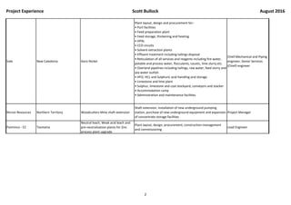 Project Experience Scott Bullock August 2016
Vale New Caledonia Goro Nickel
Plant layout, design and procurement for:-
• Port facilities
• Feed preparation plant
• Feed storage, thickening and heating
• HPAL
• CCD circuits
• Solvent extraction plants
• Effluent treatment including tailings disposal
• Reticulation of all services and reagents including fire water,
potable and process water, flocculants, caustic, lime slurry etc.
• Overland pipelines including tailings, raw water, feed slurry and
sea water outfall.
• HFO, HCL and Sulphuric acid handling and storage
• Limestone and lime plant
• Sulphur, limestone and coal stockyard, conveyors and stacker
• Accommodation camp
• Administration and maintenance facilities
Chief Mechanical and Piping
engineer, Senior Services
(Chief) engineer
Nicron Resources Northern Territory Woodcutters Mine shaft extension
Shaft extension, installation of new underground pumping
station, purchase of new underground equipment and expansion
of concentrate storage facilities
Project Manager
Pasminco - EZ Tasmania
Neutral leach, Weak acid leach and
pre-neutralisation plants for Zinc
process plant upgrade
Plant layout, design, procurement, construction management
and commissioning
Lead Engineer
2
 
