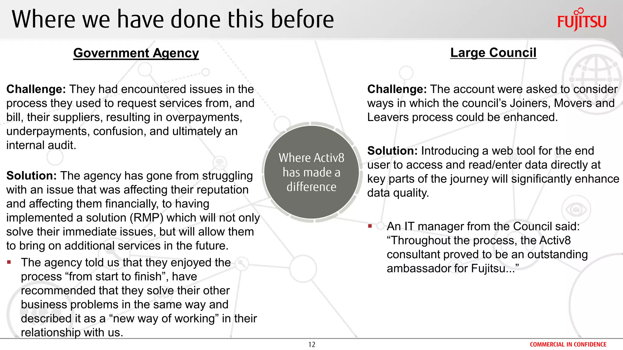 12 COMMERCIAL IN CONFIDENCE
Where we have done this before
Government Agency
Challenge: They had encountered issues in the
process they used to request services from, and
bill, their suppliers, resulting in overpayments,
underpayments, confusion, and ultimately an
internal audit.
Solution: The agency has gone from struggling
with an issue that was affecting their reputation
and affecting them financially, to having
implemented a solution (RMP) which will not only
solve their immediate issues, but will allow them
to bring on additional services in the future.
 The agency told us that they enjoyed the
process “from start to finish”, have
recommended that they solve their other
business problems in the same way and
described it as a “new way of working” in their
relationship with us.
Large Council
Challenge: The account were asked to consider
ways in which the council’s Joiners, Movers and
Leavers process could be enhanced.
Solution: Introducing a web tool for the end
user to access and read/enter data directly at
key parts of the journey will significantly enhance
data quality.
 An IT manager from the Council said:
“Throughout the process, the Activ8
consultant proved to be an outstanding
ambassador for Fujitsu...”
Where Activ8
has made a
difference
 