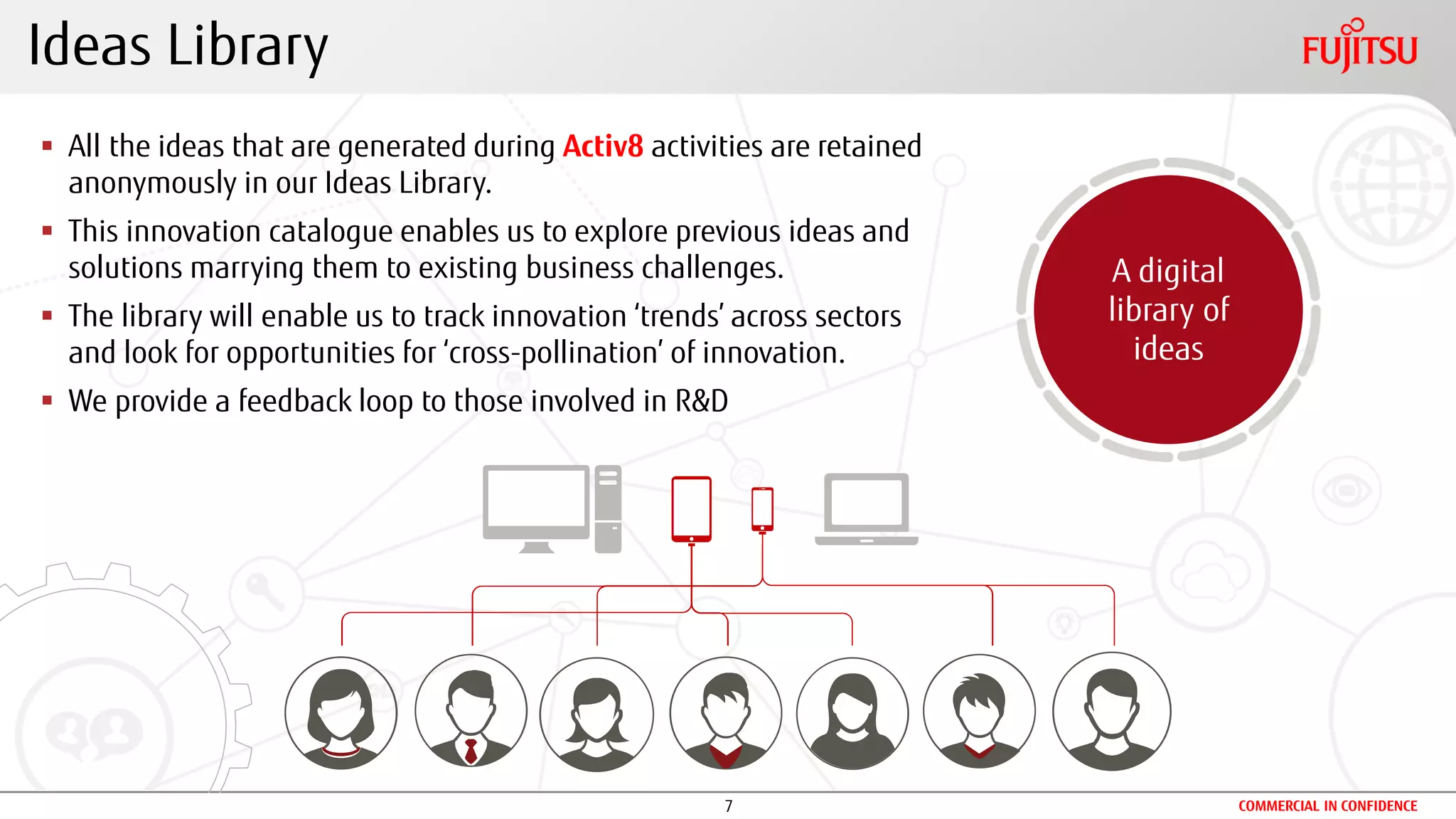 7 COMMERCIAL IN CONFIDENCE
A digital
library of
ideas
 All the ideas that are generated during Activ8 activities are retained
anonymously in our Ideas Library.
 This innovation catalogue enables us to explore previous ideas and
solutions marrying them to existing business challenges.
 The library will enable us to track innovation ‘trends’ across sectors
and look for opportunities for ‘cross-pollination’ of innovation.
 We provide a feedback loop to those involved in R&D
Ideas Library
 