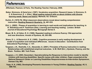 References
Ehri, L. (2002). Phases of acquisition in learning to read words and implications for teaching. In
R. Stainthorp and P. Tomlinson (Eds.) Learning and teaching reading. London: British
Journal of Educational Psychology Monograph Series II.
Torgesen, J.K., Rashotte, C.A., Alexander, A. (2001). Principles of fluency instruction in reading:
Relationships with established empirical outcomes. In M. Wolf (Ed. ), Dyslexia, Fluency, and the
Brain. Parkton, MD: York Press.
Share, D. L., & Stanovich, K. E. (1995). Cognitive processes in early reading development: A
model of acquisition and individual differences. Issues in Education: Contributions from
Educational Psychology, 1, 1-57.
Torgesen, J. K. (2003, December). Operationalizing the Response to Intervention model to identify
children with learning disabilities: Specific issues with older children. Paper presented at the
National Research Center on Learning Disabilities Responsiveness-to-Intervention Symposium,
Kansas City, MO.
Afflerback, Pearson, & Paris, The Reading Teacher, February, 2008.
Baker, Simmons, & Kame'enui. (1997). Vocabulary acquisition: Research bases. In Simmons, D.
C. & Kame'enui, E. J. (Eds.), What reading research tells us about children with diverse
learning needs: Bases and basics. Mahwah, NJ: Erlbaum.
Durkin, D. (1978-79). What classroom observations reveal about reading comprehension
instruction. Reading Research Quarterly, 14, 481-533.
Meyer, M. S., & Felton, R. H. (1999). Repeated reading to enhance fluency: Old approaches
and new directions. Annals of Dyslexia, 49, 283-306.
Yopp, H. K. (1992). Developing Phonemic Awareness in Young Children. Reading Teacher, 45, 9,
696-703.
 