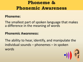 Phoneme:
The smallest part of spoken language that makes
a difference in the meaning of words
Phonemic Awareness:
The ability to hear, identify, and manipulate the
individual sounds – phonemes – in spoken
words
Phoneme &
Phonemic Awareness
 