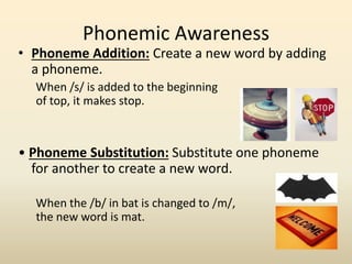 • Phoneme Addition: Create a new word by adding
a phoneme.
When /s/ is added to the beginning
of top, it makes stop.
• Phoneme Substitution: Substitute one phoneme
for another to create a new word.
When the /b/ in bat is changed to /m/,
the new word is mat.
Phonemic Awareness
 