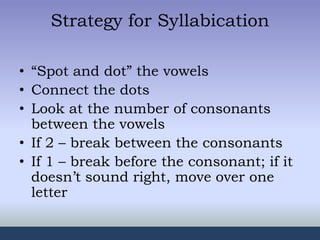 Strategy for Syllabication
• “Spot and dot” the vowels
• Connect the dots
• Look at the number of consonants
between the vowels
• If 2 – break between the consonants
• If 1 – break before the consonant; if it
doesn’t sound right, move over one
letter
 