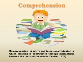 Comprehension is active and intentional thinking in
which meaning is constructed through interactions
between the text and the reader (Durkin, 1973)
 