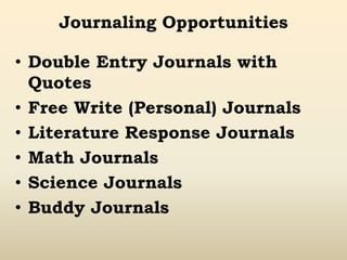 Journaling Opportunities
• Double Entry Journals with
Quotes
• Free Write (Personal) Journals
• Literature Response Journals
• Math Journals
• Science Journals
• Buddy Journals
 