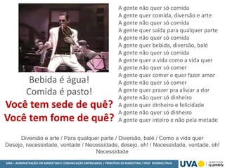 MBA – ADMINISTRAÇÃO EM MARKETING E COMUNICAÇÃO EMPRESARIAL / PRINCÍPIOS DE MARKETING / PROF RODRIGO PALO
A gente não quer só comida
A gente quer comida, diversão e arte
A gente não quer só comida
A gente quer saída para qualquer parte
A gente não quer só comida
A gente quer bebida, diversão, balé
A gente não quer só comida
A gente quer a vida como a vida quer
A gente não quer só comer
A gente quer comer e quer fazer amor
A gente não quer só comer
A gente quer prazer pra aliviar a dor
A gente não quer só dinheiro
A gente quer dinheiro e felicidade
A gente não quer só dinheiro
A gente quer inteiro e não pela metade
Bebida é água!
Comida é pasto!
Você tem sede de quê?
Você tem fome de quê?
Diversão e arte / Para qualquer parte / Diversão, balé / Como a vida quer
Desejo, necessidade, vontade / Necessidade, desejo, eh! / Necessidade, vontade, eh!
Necessidade
 