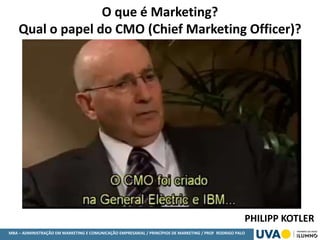 MBA – ADMINISTRAÇÃO EM MARKETING E COMUNICAÇÃO EMPRESARIAL / PRINCÍPIOS DE MARKETING / PROF RODRIGO PALO
O que é Marketing?
Qual o papel do CMO (Chief Marketing Officer)?
PHILIPP KOTLER
 