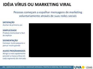 MBA – ADMINISTRAÇÃO EM MARKETING E COMUNICAÇÃO EMPRESARIAL / PRINCÍPIOS DE MARKETING / PROF RODRIGO PALO
IDÉIA VÍRUS OU MARKETING VIRAL
Pessoas começam a espalhar mensagens de marketing
voluntariamente através de suas redes sociais
SATISFAÇÃO
Acertar da primeira vez
SIMPLICIDADE
Produto memorável e fácil
de explicar
SEGMENTAÇÃO
Começar muito pequeno e
pensar muito grande
ALVOS PROGRAMADOS
Atingir o mais rapidamente
possível a massa crítica em
cada segmento de mercado
 