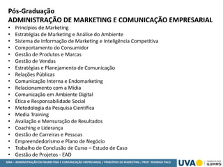 MBA – ADMINISTRAÇÃO EM MARKETING E COMUNICAÇÃO EMPRESARIAL / PRINCÍPIOS DE MARKETING / PROF RODRIGO PALO
Pós-Graduação
ADMINISTRAÇÃO DE MARKETING E COMUNICAÇÃO EMPRESARIAL
• Princípios de Marketing
• Estratégias de Marketing e Análise do Ambiente
• Sistema de Informação de Marketing e Inteligência Competitiva
• Comportamento do Consumidor
• Gestão de Produtos e Marcas
• Gestão de Vendas
• Estratégias e Planejamento de Comunicação
• Relações Públicas
• Comunicação Interna e Endomarketing
• Relacionamento com a Mídia
• Comunicação em Ambiente Digital
• Ética e Responsabilidade Social
• Metodologia da Pesquisa Científica
• Media Training
• Avaliação e Mensuração de Resultados
• Coaching e Liderança
• Gestão de Carreiras e Pessoas
• Empreendedorismo e Plano de Negócio
• Trabalho de Conclusão de Curso – Estudo de Caso
• Gestão de Projetos - EAD
 