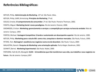 MBA – ADMINISTRAÇÃO EM MARKETING E COMUNICAÇÃO EMPRESARIAL / PRINCÍPIOS DE MARKETING / PROF RODRIGO PALO
Referências Bibliográficas:
KOTLER, Philip. Administração de Marketing. 12º ed. São Paulo: Atlas.
KOTLER, Philip, GARY, Armstrong. Princípios de Marketing. 7ª ed.
GIGLIO, Ernesto. O comportamento do consumidor. 2ª ed. São Paulo: Pioneira Thomson, 2002.
FONTES, Miguel. Marketing Social: novos paradigmas. Rio de Janeiro: Elsevier, 2008.
GRONROOS, Cristian. Marketing: gerenciamento e serviços: a competição por serviços na hora da verdade. Rido de
Janeiro: Campus, 1993
PORTER, Michael. Vantagem Competitiva: Criando e sustentando um desempenho superior. Rio de Janeiro, 1989.
KOTLER, Philip. Marketing para o século XXI: como criar, conquistar e dominar mercados. São Paulo, Futura, 1999.
PETERS, Tom. Reimagine!: excelência nos negócios numa era de desordem. São Paulo: Futura, 2004
MALHOTRA, Naresh. Pesquisa de Marketing: uma orientação aplicada. Porto Alegre: Bookman, 2001
SCHMITT, Bernd. Marketing Experimental. São Paulo: Nobel, 2000
POPCORN, Faith & LYS, Marigold. CLICK – 16 tendências que irão transformar suas vida, seu trabalho e seus negócios no
futuro . Rio de Janeiro: Campus,1997
 