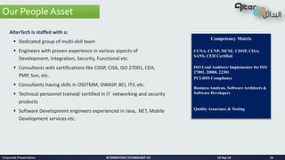 ALTERNATIVES TECHNOLOGY COALTERNATIVES TECHNOLOGY CO
Our People Asset
16-Sep-16Corporate Presentation 16
AlterTech is staffed with a:
 Dedicated group of multi-skill team
 Engineers with proven experience in various aspects of
Development, Integration, Security, Functional etc.
 Consultants with certifications like CISSP, CISA, ISO 27001, CEH,
PMP, Sun, etc.
 Consultants having skills in OSSTMM, OWASP, BCI, ITIL etc.
 Technical personnel trained/ certified in IT networking and security
products
 Software Development engineers experienced in Java, .NET, Mobile
Development services etc.
Competency Matrix
CCNA, CCNP, MCSE, CISSP, CISA,
SANS, CEH Certified
ISO Lead Auditors/ Implementer for ISO
27001, 20000, 22301
PCI-DSS Compliance
Business Analysts, Software Architects &
Software Developers
Quality Assurance & Testing
 