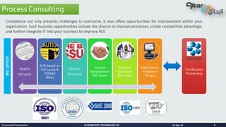 ALTERNATIVES TECHNOLOGY COALTERNATIVES TECHNOLOGY CO
Certification
Partnership
Compliance not only presents challenges to overcome, it also offers opportunities for improvement within your
organization. Such business opportunities include the chance to improve processes, create competitive advantage,
and further integrate IT into your business to improve ROI.
WEOFFER
Quality
ISO 9001
EHS based on
ISO 14001 &
OHSAS
18001
Security
ISO 27001
Service
Management
ISO 20000
Business
Continuity
ISO 22301
Data Centre
Validation
TIA 942
ISOQAR
Process Consulting
16-Sep-16Corporate Presentation 9
 