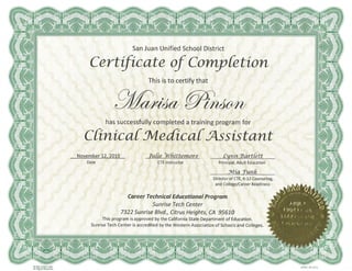 MARISA A. PINSON Clinical Medical Assistant Certificate of Completion - Front view