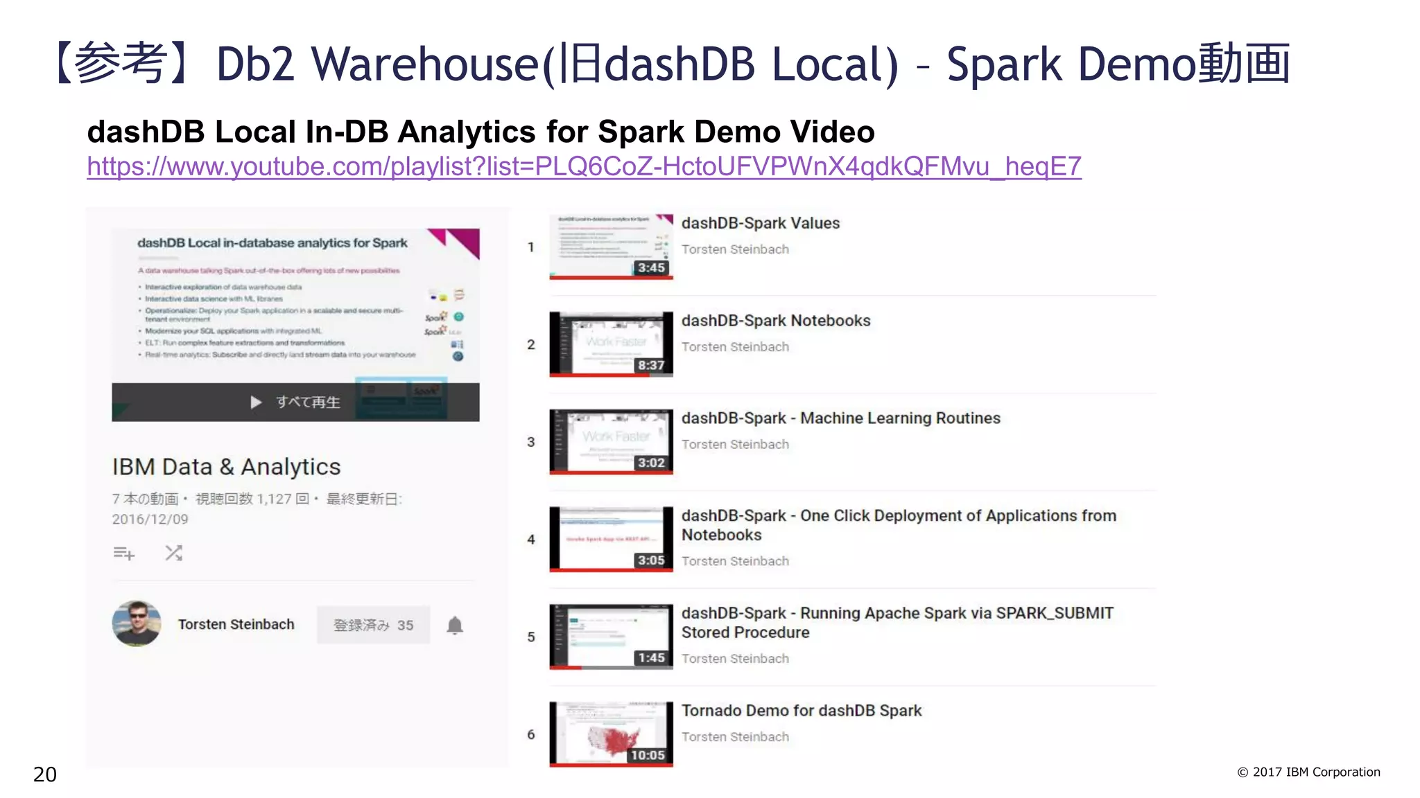 © 2017 IBM Corporation
【参考】Db2 Warehouse(旧dashDB Local) – Spark Demo動画
dashDB Local In-DB Analytics for Spark Demo Video
https://www.youtube.com/playlist?list=PLQ6CoZ-HctoUFVPWnX4qdkQFMvu_heqE7
20
 