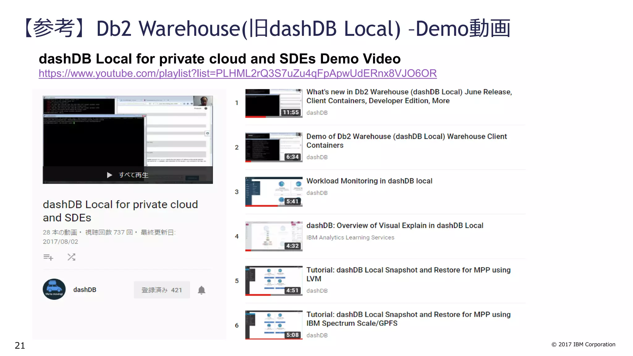 © 2017 IBM Corporation
【参考】Db2 Warehouse(旧dashDB Local) –Demo動画
dashDB Local for private cloud and SDEs Demo Video
https://www.youtube.com/playlist?list=PLHML2rQ3S7uZu4qFpApwUdERnx8VJO6OR
21
 