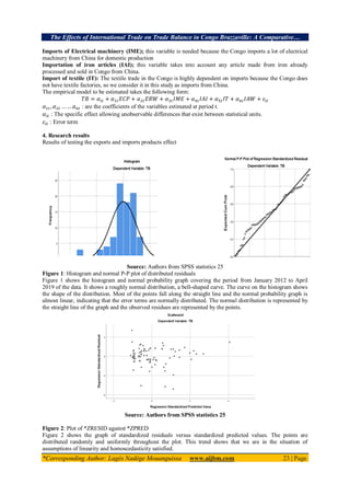 The Effects of International Trade on Trade Balance in Congo Brazzaville: A Comparative…
*Corresponding Author: Lagès Nadège Mouanguissa www.aijbm.com 23 | Page
Imports of Electrical machinery (IME); this variable is needed because the Congo imports a lot of electrical
machinery from China for domestic production
Importation of iron articles (IAI); this variable takes into account any article made from iron already
processed and sold in Congo from China.
Import of textile (IT): The textile trade in the Congo is highly dependent on imports because the Congo does
not have textile factories, so we consider it in this study as imports from China.
The empirical model to be estimated takes the following form:
: are the coefficients of the variables estimated at period t.
: The specific effect allowing unobservable differences that exist between statistical units.
: Error term
4. Research results
Results of testing the exports and imports products effect
Source: Authors from SPSS statistics 25
Figure 1: Histogram and normal P-P plot of distributed residuals
Figure 1 shows the histogram and normal probability graph covering the period from January 2012 to April
2019 of the data. It shows a roughly normal distribution, a bell-shaped curve. The curve on the histogram shows
the shape of the distribution. Most of the points fall along the straight line and the normal probability graph is
almost linear, indicating that the error terms are normally distributed. The normal distribution is represented by
the straight line of the graph and the observed residues are represented by the points.
Source: Authors from SPSS statistics 25
Figure 2: Plot of *ZRESID against *ZPRED
Figure 2 shows the graph of standardized residuals versus standardized predicted values. The points are
distributed randomly and uniformly throughout the plot. This trend shows that we are in the situation of
assumptions of linearity and homoscedasticity satisfied.
 