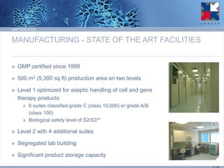 MANUFACTURING - STATE OF THE ART FACILITIES 
»GMP certified since 1999 
»500 m2 (5,300 sq ft) production area on two levels 
»Level 1 optimized for aseptic handling of cell and gene therapy products 
»6 suites classified grade C (class 10,000) or grade A/B (class 100) 
»Biological safety level of S2/S3** 
»Level 2 with 4 additional suites 
»Segregated lab building 
»Significant product storage capacity 
GMP SERVICES 
11 / 15  