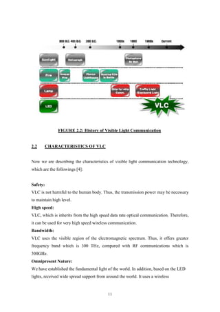 11
FIGURE 2.2: History of Visible Light Communication
2.2 CHARACTERISTICS OF VLC
Now we are describing the characteristics of visible light communication technology,
which are the followings [4]:
Safety:
VLC is not harmful to the human body. Thus, the transmission power may be necessary
to maintain high level.
High speed:
VLC, which is inherits from the high speed data rate optical communication. Therefore,
it can be used for very high speed wireless communication.
Bandwidth:
VLC uses the visible region of the electromagnetic spectrum. Thus, it offers greater
frequency band which is 300 THz, compared with RF communications which is
300GHz.
Omnipresent Nature:
We have established the fundamental light of the world. In addition, based on the LED
lights, received wide spread support from around the world. It uses a wireless
 
