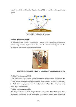 15
signals from GPS satellites. On the other hand, VLC is used for indoor positioning
system.
FIGURE 2.5: Positioning GPS system
Position Detection using RF:
RF-ID may also use a variety of positioning systems. RF-ID varies from millimeters to
meters away from the application on the basis of communication. Japan uses this
technique to navigate for people with disabilities.
FIGURE 2.6: Navigation system for handicapped people based on RF-ID
Position Detection using Wi-Fi:
Users are used Wi-Fi positioning system to determine the position for two or more Wi-
Fi base station, and also strength of base station signal. As show in figure 2.5, Accuracy
of Wi-Fi Positioning system is sometimes better than GPS, and the effect caused by
using Wi-Fi signals strength.
Position Detection using VLC:
It is also possible in VLC positioning system, the user position detect the location of the
light source can be used to send information. It is effective equally, there are outdoor
 