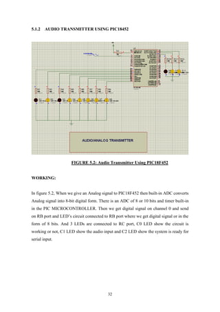 32
5.1.2 AUDIO TRANSMITTER USING PIC18452
FIGURE 5.2: Audio Transmitter Using PIC18F452
WORKING:
In figure 5.2, When we give an Analog signal to PIC18F452 then built-in ADC converts
Analog signal into 8-bit digital form. There is an ADC of 8 or 10 bits and timer built-in
in the PIC MICROCONTROLLER. Then we get digital signal on channel 0 and send
on RB port and LED‟s circuit connected to RB port where we get digital signal or in the
form of 8 bits. And 3 LEDs are connected to RC port, C0 LED show the circuit is
working or not, C1 LED show the audio input and C2 LED show the system is ready for
serial input.
 