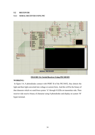 34
5.2 RECEIVER
5.2.1 SERIAL RECEIVER USING PIC
FIGURE 5.4: Serial Receiver Using PIC18F452
WORKING:
In figure 5.4, 8 photodiodes connect with PORT B of the PIC18452, they detects the
light and then light converted into voltage or current form. And this will be the binary of
that character which we send from system „A‟ through 8 LEDs on transmitter side. Then
receiver side receive binary of character using 8 photodiodes and display on system „B‟
hyper terminal.
 