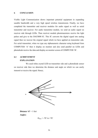 36
6 CONCLUSION
Visible Light Communication shows important potential equipment in expanding
useable bandwidth and a very high speed wireless transmission. Finally, we have
completed the transmitter and receiver modules for audio signal as well as serial
transmitter and receiver. For audio transmitter module, we send an audio signal on
receiver side through LEDs. Then receiver module phototransistors receive the light
pulses and give to the DAC0800 IC. This IC converts the digital signal into analog
signal then we recover the original signal which we have applied on transmitter side.
For serial transmitter, when we type any alphanumeric character using keyboard from
COMPUTER „A‟ then it display on monitor and also send parallel on LEDs and
photodiode receive the data and display on monitor screen of COMPUTER „B‟.
6.1 ACHIEVEMENT
EXPLANATION
We used white crystal LED on transmitter side and a photodiode sensor
on receiver side then we determine the distance and angle on which we can easily
transmit or receive the signal. Hence,
Distance ‘d’ = 1 feet
Angles:
ϴmax = -70˚ to +70˚
 