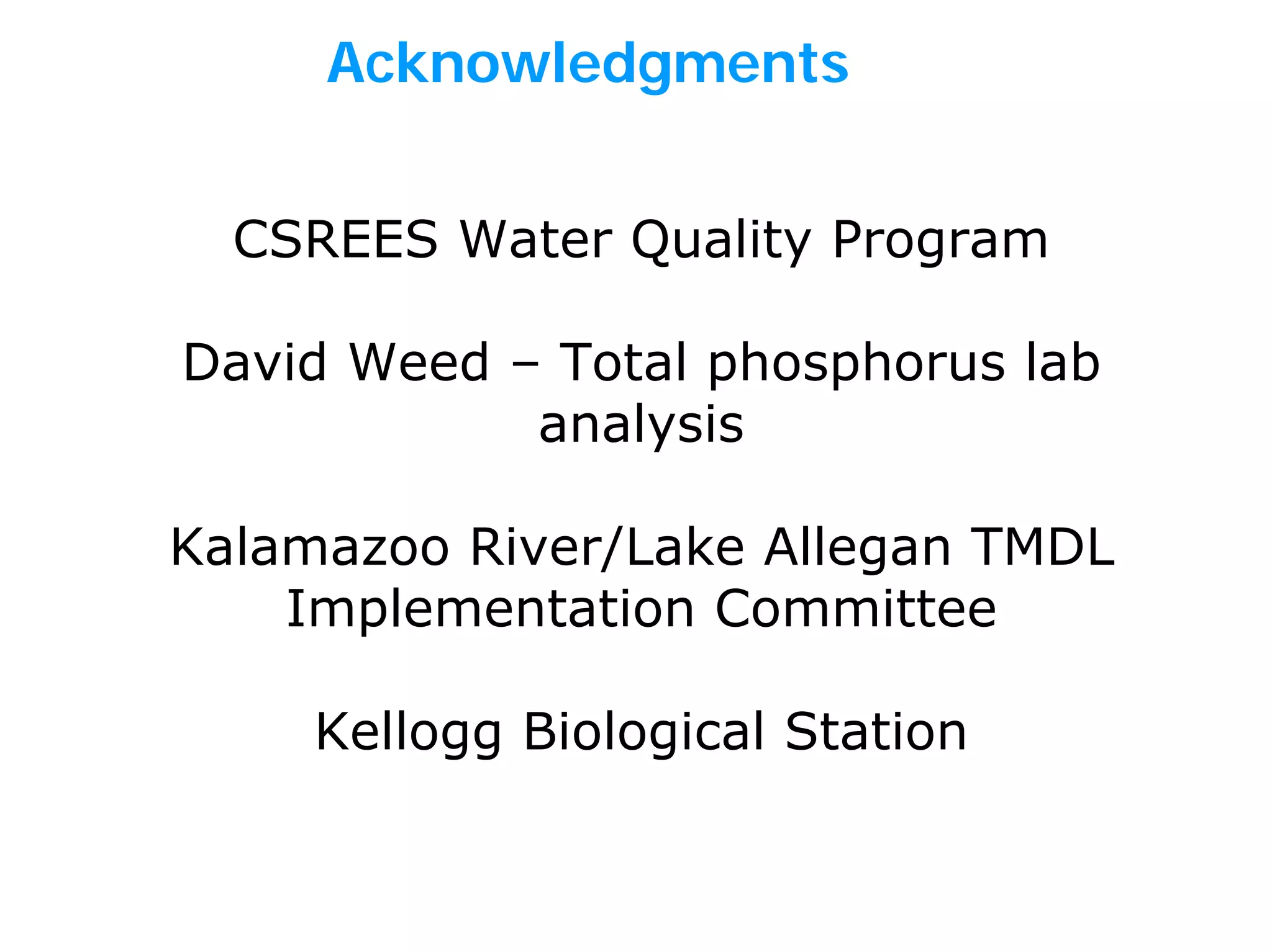 Acknowledgments
CSREES Water Quality Program
David Weed – Total phosphorus lab
analysis
Kalamazoo River/Lake Allegan TMDL
Implementation Committee
Kellogg Biological Station
 