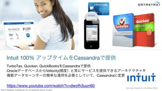 &copy;2015 DataStax Conﬁdential. Do not distribute without consent.
Intuit 100% アップタイムをCassandraで提供
TurboTax, Quicken, QuickBooksをCassandraで提供
OracleデータベースからVelocity(頻度）と常にサービスを提供できるアーキテクチャを
複数データセーンターの簡単な運用を必要としていて、Cassandraに変更
Use Case: Always On, No Matter What 
https://www.youtube.com/watch?v=dwofh3uun60
 