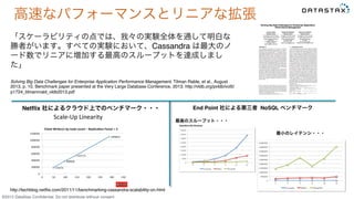 &copy;2015 DataStax Conﬁdential. Do not distribute without consent.
高速なパフォーマンスとリニアな拡張
「スケーラビリティの点では、我々の実験全体を通して明白な
勝者がいます。すべての実験において、Cassandra は最大のノ
ード数でリニアに増加する最高のスループットを達成しまし
た」
Solving Big Data Challenges for Enterprise Application Performance Management, Tilman Rable, et al., August
2013, p. 10. Benchmark paper presented at the Very Large Database Conference, 2013. http://vldb.org/pvldb/vol5/
p1724_tilmannrabl_vldb2013.pdf
http://techblog.netﬂix.com/2011/11/benchmarking-cassandra-scalability-on.html
最高のスループット・・・
最小のレイテンシ・・・
Netﬂix 社によるクラウド上でのベンチマーク・・・ End Point 社による第三者 NoSQL ベンチマーク
 