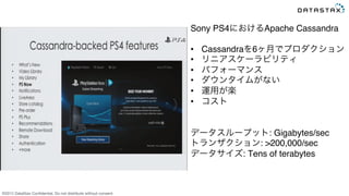 &copy;2015 DataStax Conﬁdential. Do not distribute without consent.
Sony PS4におけるApache Cassandra
&bull;  Cassandraを6ヶ月でプロダクション
&bull;  リニアスケーラビリティ
&bull;  パフォーマンス
&bull;  ダウンタイムがない
&bull;  運用が楽
&bull;  コスト
データスループット: Gigabytes/sec
トランザクション: >200,000/sec
データサイズ: Tens of terabytes
 