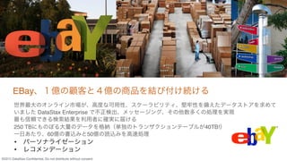 &copy;2015 DataStax Conﬁdential. Do not distribute without consent.
EBay、１億の顧客と４億の商品を結び付け続ける
世界最大のオンライン市場が、高度な可用性、スケーラビリティ、堅牢性を備えたデータストアを求めて
いました DataStax Enterprise で不正検出、メッセージング、その他数多くの処理を実現
最も信頼できる検索結果を利用者に確実に届ける
250 TBにものぼる大量のデータを格納（単独のトランザクションテーブルが40TB!）
一日あたり、60億の書込みと50億の読込みを高速処理
&bull;  パーソナライゼーション
&bull;  レコメンデーション
 
