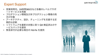 &copy;2015 DataStax Conﬁdential. Do not distribute without consent.
Expert Support
&bull;  営業時間内、24時間365日など各種のレベルでサポ
ートサービスを用意
&bull;  プロダクション環境及び非プロダクション環境の両
方が対象
&bull;  アーキテクチャ、設計、チューニングを支援する定
期的な診断
&bull;  ソフトウェアを最新の状態に保つ QA 検証済みのサ
ービスパックを提供
&bull;  緊急保守が必要な場合の Hot-ﬁx を提供
 