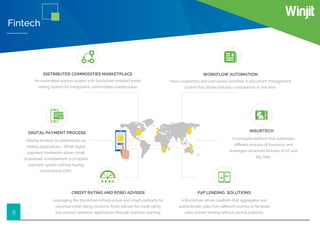 5
Fintech
$
SEND
DISTRIBUTED COMMODITIES MARKETPLACE
An automated auction system with blockchain enabled trader
vetting system for transparent commodities market place.
DIGITAL PAYMENT PROCESS
Raising Invoices to settlements via
mobile applications - Winjit Digital
payment framework allows small
businesses to implement a complete
payment system without having
conventional ERPs.
CREDIT RATING AND ROBO ADVISER
Leveraging the blockchain infrastructure and smart contracts for
universal credit rating solutions. Robo Adviser for credit rating
and product selection applications through machine learning.
WORKFLOW AUTOMATION
Have a paperless and user based workﬂow. A document management
system that allows statutory compliances in real time.
INSURTECH
A complete platform that automates
diﬀerent process of Insurance and
leverages advanced features of IoT and
Big Data.
P2P LENDING SOLUTIONS
A Blockchain driven platform that aggregates and
authenticates data from diﬀerent sources to facilitate
cross border lending without central authority.
 