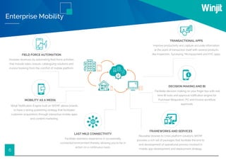 6
Enterprise Mobility
LAST MILE CONNECTIVITY
Facilitate seamless experience in occasionally
connected environment thereby allowing you to be in
action on a continuous basis.
DECISION MAKING AND BI
Facilitate decision making on your ﬁnger tips with real
time BI tools and approval notiﬁcation engine for
Purchase Requisition, PO and Invoice workﬂow
approvals.
FRAMEWORKS AND SERVICES
Reusable libraries to cross platform solutions WEMF
provides a rich set of packages that facilitate the end to
end development of operational process involved in
mobile app development and deployment strategy.
FIELD FORCE AUTOMATION
Increase revenues by automating ﬁeld force activities
that include sales closure, cataloguing solutions and
invoice booking from the comfort of mobile platform.
TRANSACTIONAL APPS
Improve productivity and capture accurate information
at the point of transaction itself with several products
like Inspection, Surveying, Micropayment and KYC apps.
MOBILITY AS A MEDIA
Winjit Notiﬁcation Engine built on WEMF allows brands
to have a strong publishing strategy that facilitates
customer acquisitions through interactive mobile apps
and content marketing.
 