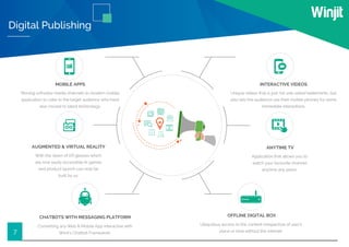 7
Digital Publishing
CHATBOTS WITH MESSAGING PLATFORM
Converting any Web & Mobile App interactive with
Winit’s Chatbot Framework.
ANYTIME TV
Application that allows you to
watch your favourite channel
anytime any place.
OFFLINE DIGITAL BOX
Ubiquitous access to the content irrespective of user’s
place or time without the internet.
MOBILE APPS
Moving orthodox media channels to modern mobile
application to cater to the target audience who have
also moved to latest technology.
INTERACTIVE VIDEOS
Unique videos that is just not one sided/statements, but
also lets the audience use their mobile phones for some
immediate interactions.
AUGMENTED & VIRTUAL REALITY
With the dawn of VR glasses which
are now easily accessible AI games
and product launch can now be
built by us.
 