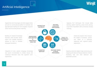 9
Artiﬁcial Intelligence
Applets like chat messengers and other digital media
are built on conversational platform to facilitate new
age alternative interface for click navigation, keyword
search and structured phrase matching.
Advanced analytics that measure
the weight of emotions, opinion
and belief of a particular
statement with cognitive based
applications.
Applying NLP techniques that include deep
learning, pattern matching, syntax driven parsing,
case frame instantiation with summarizer and key
word tag
Applying advanced digital image processing and
mapping with blob and hotspot detection thereby
facilitating high end fault detection and
automation process.
Building an indexed knowledge
repository that provides elastic
search and scalable linguistics
analysis to map to facilitate
language translations.
Integration of vision, speech, language, knowledge
and search functionalities to enable natural and
contextual interaction tools that augment users’
experiences.
INTERACTIVE
CHATBOTS
TOOLS TO
SENTIMENTAL
ANALYSIS
MACHINE VISION
& IMAGE
PROCESSING
COGNITIVE
SERVICES
KNOWLEDGE
EXPLORATION
&
LINGUISTICS
ANALYSIS
NATURAL
LANGUAGE
PROCESSING
 