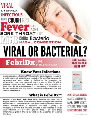VIRALORBACTERIAL?
www.translab.com.my
FebriDx?
RIGHTDIAGNOSIS
RIGHTTREATMENT
RIGHTNOW
What is FebriDx?
Know Your Infections
Acute respiratory infections (ARIs) are highly contagious and represent
a major source of morbidity and mortality. The significant overlap in
symptoms and signs makes it challenging for physicians to
differentiate viral from bacterial infection and to identify which
patients require antibiotic therapy. More than 50% of antibiotics
prescribed for ARI are unnecessary, as the majority of infections are
caused by viruses, and may lead to avoidable adverse reactions and
antibiotic resistance.
FebriDx is the FIRST AND ONLY rapid, in-office test that uses a
fingerstick blood sample to help identify a clinically significant immune
response to ARI and differentiate viral from bacterial infection. FebriDx
detects elevated levels of Myxovirus resistance A (MxA) ? an
intracellular protein that becomes elevated in the presence of acute
viral infection and C-reactive protein (CRP) ? an acute-phase
inflammatory protein that is elevated in the presence of bacterial
infection.
FebriDx test card
POINT-OF-CARETESTING
RESULTSIN15MINUTES
RAPID, SHARPRESULTS
EXTREMELYEASYTOUSE
REDUCEDMEDICALCOST
by RPS Detectors, USA
 