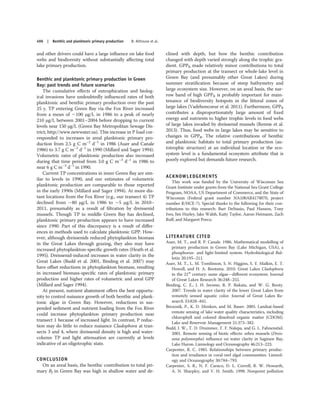 and other drivers could have a large inﬂuence on lake food
webs and biodiversity without substantially aﬀecting total
lake primary production.
Benthic and planktonic primary production in Green
Bay: past trends and future scenarios
The cumulative eﬀects of eutrophication and biolog-
ical invasions have undoubtedly inﬂuenced rates of both
planktonic and benthic primary production over the past
25 y. TP entering Green Bay via the Fox River increased
from a mean of ∼100 μg/L in 1986 to a peak of nearly
210 μg/L between 2001–2004 before dropping to current
levels near 150 μg/L (Green Bay Metropolitan Sewage Dis-
trict; http://www.newwater.us). This increase in P load cor-
responded to increases in areal planktonic primary pro-
duction from 2.5 g C m–2
d–1
in 1986 (Auer and Canale
1986) to 3.7 g C m–2
d–1
in 1990 (Millard and Sager 1994).
Volumetric rates of planktonic production also increased
during that time period from 3.0 g C m–3
d–1
in 1986 to
near 6 g C m–3
d–1
in 1990.
Current TP concentrations in inner Green Bay are sim-
ilar to levels in 1990, and our estimates of volumetric
planktonic production are comparable to those reported
in the early 1990s (Millard and Sager 1994). At more dis-
tant locations from the Fox River (e.g., our transect 4) TP
declined from ∼80 μg/L in 1986 to ∼5 μg/L in 2010–
2011, presumably as a result of ﬁltration by dreissenid
mussels. Though TP in middle Green Bay has declined,
planktonic primary production appears to have increased
since 1990. Part of this discrepancy is a result of diﬀer-
ences in methods used to calculate planktonic GPP. How-
ever, although dreissenids reduced phytoplankton biomass
in the Great Lakes through grazing, they also may have
increased phytoplankton-speciﬁc growth rates (Heath et al.
1995). Dreissenid-induced increases in water clarity in the
Great Lakes (Budd et al. 2001, Binding et al. 2007) may
have oﬀset reductions in phytoplankton biomass, resulting
in increased biomass-speciﬁc rates of planktonic primary
production and higher rates of volumetric and areal GPP
(Millard and Sager 1994).
At present, nutrient abatement oﬀers the best opportu-
nity to control nuisance growth of both benthic and plank-
tonic algae in Green Bay. However, reductions in sus-
pended sediment and nutrient loading from the Fox River
could increase phytoplankton primary production near
transect 1 because of increased light. In contrast, P reduc-
tion may do little to reduce nuisance Cladophora at tran-
sects 3 and 4, where dreissenid density is high and water-
column TP and light attenuation are currently at levels
indicative of an oligotrophic state.
CONCLUSION
On an areal basis, the benthic contribution to total pri-
mary Bf in Green Bay was high in shallow water and de-
clined with depth, but how the benthic contribution
changed with depth varied strongly along the trophic gra-
dient. GPPB made relatively minor contributions to total
primary production at the transect or whole-lake level in
Green Bay (and presumably other Great Lakes) during
summer stratiﬁcation because of steep bathymetry and
large ecosystem size. However, on an areal basis, the nar-
row band of high GPPB is probably important for main-
tenance of biodiversity hotspots in the littoral zones of
large lakes (Vadeboncoeur et al. 2011). Furthermore, GPPB
contributes a disproportionately large amount of ﬁxed
energy and nutrients to higher trophic levels in food webs
of large lakes invaded by dreissenid mussels (Rennie et al.
2013). Thus, food webs in large lakes may be sensitive to
changes in GPPB. The relative contributions of benthic
and planktonic habitats to total primary production (au-
totrophic structure) at an individual location or the eco-
system level is a fundamental ecosystem attribute that is
poorly explored but demands future research.
ACKNOWLEDGEMENTS
This work was funded by the University of Wisconsin Sea
Grant Institute under grants from the National Sea Grant College
Program, NOAA, US Department of Commerce, and the State of
Wisconsin (Federal grant number NA100AR4170070, project
number R/HCE-7). Special thanks to the following for their con-
tributions to this research: Bart DeStasio, Paul Hanson, Tony
Ives, Jim Hurley, Jake Walsh, Kaity Taylor, Aaron Heimann, Zach
Ruﬀ, and Margaret Porco.
LITERATURE CITED
Auer, M. T., and R. P. Canale. 1986. Mathematical modelling of
primary production in Green Bay (Lake Michigan, USA), a
phosphorus- and light-limited system. Hydrobiological Bul-
letin 20:195–211.
Auer, M. T., L. M. Tomlinson, S. N. Higgins, S. Y. Malkin, E. T.
Howell, and H. A. Bootsma. 2010. Great Lakes Cladophora
in the 21st
century: same algae—diﬀerent ecosystem. Journal
of Great Lakes Research 36:248–255.
Binding, C. E., J. H. Jerome, R. P. Bukata, and W. G. Booty.
2007. Trends in water clarity of the lower Great Lakes from
remotely sensed aquatic color. Journal of Great Lakes Re-
search 33:828–841.
Brezonik, P., K. D. Menken, and M. Bauer. 2005. Landsat-based
remote sensing of lake water quality characteristics, including
chlorophyll and colored dissolved organic matter (CDOM).
Lake and Reservoir Management 21:373–382.
Budd, J. W., T. D. Drummer, T. F. Nalepa, and G. L. Fahnenstiel.
2001. Remote sensing of biotic eﬀects: zebra mussels (Dreis-
sena polymorpha) inﬂuence on water clarity in Saginaw Bay,
Lake Huron. Limnology and Oceanography 46:213–223.
Carpenter, R. C. 1985. Relationships between primary produc-
tion and irradiance in coral-reef algal communities. Limnol-
ogy and Oceanography 30:784–793.
Carpenter, S. R., N. F. Caraco, D. L. Correll, R. W. Howarth,
A. N. Sharpley, and V. H. Smith. 1998. Nonpoint pollution
496 | Benthic and planktonic primary production B. Althouse et al.
 