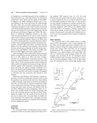 of Cladophora is controlled primarily by the availability of
hard substratum (e.g., rocky lake bottom) for attachment
of ﬁlaments, water clarity, and the supply of bioavailable
P (Higgins et al. 2008). Cladophora blooms were a com-
mon problem in the Great Lakes from the 1950s through
the early 1980s, but successful implementation of strict
P-abatement programs as part of the Canada–USA Great
Lakes Water Quality agreement reduced total P (TP) load-
ing and concentrations to levels that signiﬁcantly reduced
growth rates and biomass (Higgins et al. 2008). The resur-
gence of widespread Cladophora blooms in the Great
Lakes has been attributed to the arrival of the nonnative
zebra mussel (Dreissena polymorpha) and quagga mussel
(Dreissena rostriformis bugensis) (Hecky et al. 2004, Auer
et al. 2010). Dreissenids have a well described set of eﬀects
on lakes: reduced phytoplankton biomass and primary pro-
duction, increased light penetration, increased bioavail-
ability of P at the sediment–water interface, and increased
biomass and primary production of benthic primary pro-
ducers (Lowe and Pillsbury 1995, Hecky et al. 2004, Hig-
gins et al. 2008, Higgins and Vander Zanden 2010).
Some investigators have measured the balance between
benthic and planktonic primary production in lakes (Mal-
kin et al. 2010, Sadro et al. 2011), but most investiga-
tors have not considered how autotrophic structure varies
along key ecological gradients, such as nutrient status and
water clarity. In the coming decades, nutrient-abatement
eﬀorts paired with global environmental change will alter
nutrient regimes, shift temperature and precipitation pat-
terns, and bring new species invasions (Carpenter et al.
2011). Our limited understanding of lake autotrophic struc-
ture leaves researchers and resource managers ill equipped
to anticipate how lake ecosystems will respond to such
changes.
Green Bay, Lake Michigan, USA, presents a unique op-
portunity to study how autotrophic structure varies across
key gradients (e.g., nutrient levels and water clarity) within
a single ecosystem. Large inputs of nutrients and sediment
from the Fox River lead to nutrient-enriched and turbid
waters within inner Green Bay. However, trophic status de-
creases and water clarity increases with distance from the
Fox River. Diﬀerences in basin morphology, which can in-
ﬂuence the available habitat for benthic autotrophs, also
occur with increasing distance from the Fox River. Water
depths are shallow near the mouth of the Fox River but
give way to deeper water and steep slopes in middle and
outer Green Bay. We assessed how autotrophic structure
varies along these gradients in a large lake basin during the
summer stratiﬁcation period.
METHODS
Study sites
We measured benthic and planktonic gross primary
production (GPP) at 4 transects along Green Bay’s nutri-
ent gradient. GPP transects were 1.2, 12.8, 22.4, and
34.8 km from the mouth of the Fox River (transects 1, 2,
3, and 4, respectively; Fig. 1) at locations selected to span
the full trophic gradient of Green Bay. At each transect,
we used chamber incubations to estimate nearshore ben-
thic GPP (GPPB) and free-water gas dynamics to estimate
nearshore planktonic GPP (GPPNP) and oﬀshore plank-
tonic GPP (GPPOP). At transect 1, benthic substrate con-
sisted almost entirely of mud and sand. Transect 2 had a
mixture of sand, gravel, and small rocks. Substrate at tran-
sects 3 and 4 was composed almost entirely of medium to
large rocks.
Water chemistry
We measured total P (TP), soluble reactive P (SRP),
total N (TN), chlorophyll a (chl a), total suspended sol-
ids (TSS), and the light attenuation coeﬃcient (Kd) at 5
oﬀshore locations along the trophic gradient every 2 wk
during June–August 2010 and 2011 (14–25 sampling
events/transect). We transported water samples to the
laboratory on ice where samples were frozen (SRP, TSS,
chl a) or treated with a weak solution of HCL (TP, TN).
Samples were processed by the US Geological Survey
(USGS)-certiﬁed water-chemistry laboratory at Univer-
sity of Wisconsin-Madison within 3 wk of ﬁeld collec-
tion. We estimated Kd from vertical light proﬁles, taken
Figure 1. Map of Green Bay, Lake Michigan, USA. Dashed
lines represent transects 1 to 4.
488 | Benthic and planktonic primary production B. Althouse et al.
 