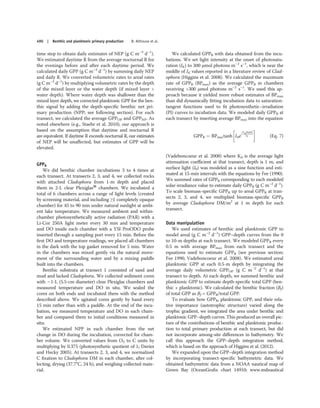 time step to obtain daily estimates of NEP (g C m–3
d–1
).
We estimated daytime R from the average nocturnal R for
the evenings before and after each daytime period. We
calculated daily GPP (g C m–3
d–1
) by summing daily NEP
and daily R. We converted volumetric rates to areal rates
(g C m–2
d–1
) by multiplying volumetric rates by the depth
of the mixed layer or the water depth (if mixed layer >
water depth). Where water depth was shallower than the
mixed layer depth, we corrected planktonic GPP for the ben-
thic signal by adding the depth-speciﬁc benthic net pri-
mary production (NPP; see following section). For each
transect, we calculated the average GPPOP and GPPNP. As
noted elsewhere (e.g., Staehr et al. 2010), our approach is
based on the assumption that daytime and nocturnal R
are equivalent. If daytime R exceeds nocturnal R, our estimates
of NEP will be unaﬀected, but estimates of GPP will be
elevated.
GPPB
We did benthic chamber incubations 3 to 4 times at
each transect. At transects 2, 3, and 4, we collected rocks
with attached Cladophora from 1-m depth and placed
them in 2-L clear Plexiglas® chambers. We incubated a
total of 6 chambers across a range of light levels (created
by screening material, and including ≥1 completely opaque
chamber) for 45 to 90 min under natural sunlight at ambi-
ent lake temperature. We measured ambient and within-
chamber photosynthetically active radiation (PAR) with a
Li-Cor 250A light meter every 30 min and temperature
and DO inside each chamber with a YSI ProODO probe
inserted through a sampling port every 15 min. Before the
ﬁrst DO and temperature readings, we placed all chambers
in the dark with the top gasket removed for 5 min. Water
in the chambers was mixed gently via the natural move-
ment of the surrounding water and by a mixing paddle
built into the chambers.
Benthic substrata at transect 1 consisted of sand and
mud and lacked Cladophora. We collected sediment cores
with ∼1-L (5.5-cm diameter) clear Plexiglas chambers and
measured temperature and DO in situ. We sealed the
cores on both ends and incubated them with the method
described above. We agitated cores gently by hand every
15 min rather than with a paddle. At the end of the incu-
bation, we measured temperature and DO in each cham-
ber and compared them to initial conditions measured in
situ.
We estimated NPP in each chamber from the net
change in DO during the incubation, corrected for cham-
ber volume. We converted values from O2 to C units by
multiplying by 0.375 (photosynthetic quotient of 1; Davies
and Hecky 2005). At transects 2, 3, and 4, we normalized
C ﬁxation to Cladophora DM in each chamber, after col-
lecting, drying (37.7°C, 24 h), and weighing collected mate-
rial.
We calculated GPPB with data obtained from the incu-
bations. We set light intensity at the onset of photosatu-
ration (IK) to 300 μmol photons m–2
s–1
, which is near the
middle of IK values reported in a literature review of Clad-
ophora (Higgins et al. 2008). We calculated the maximum
rate of GPPB (BPmax) as the average GPPB in chambers
receiving >300 μmol photons m–2
s–1
. We used this ap-
proach because it yielded more robust estimates of BPmax
than did dynamically ﬁtting incubation data to saturation-
tangent functions used to ﬁt photosynthetic–irradiation
(PI) curves to incubation data. We modeled daily GPPB at
each transect by inserting average BPmax into the equation
GPPB ¼ BPmaxtanh

I0e
−Kd½depthŠ
ΙΚ

(Eq. 7)
(Vadeboncoeur et al. 2008) where Kd is the average light
attenuation coeﬃcient at that transect, depth is 1 m, and
surface light (I0) was modeled as a sine function and esti-
mated at 15-min intervals with the equations by Fee (1990).
We summed rates of GPPB corresponding to each modeled
solar-irradiance value to estimate daily GPPB (g C m–2
d–1
).
To scale biomass-speciﬁc GPPB up to areal GPPB at tran-
sects 2, 3, and 4, we multiplied biomass-speciﬁc GPPB
by average Cladophora DM/m2
at 1 m depth for each
transect.
Data manipulation
We used estimates of benthic and planktonic GPP to
model areal (g C m–2
d–1
) GPP–depth curves from the 0
to 10-m depths at each transect. We modeled GPPB every
0.5 m with average BPmax from each transect and the
equations used to estimate GPPB (see previous section;
Fee 1990, Vadeboncoeur et al. 2008). We estimated areal
planktonic GPP at each 0.5-m depth by integrating the
average daily volumetric GPPOP (g C m–2
d–1
) at that
transect to depth. At each depth, we summed benthic and
planktonic GPP to estimate depth-speciﬁc total GPP (ben-
thic + planktonic). We calculated the benthic fraction (Bf)
of total GPP as Bf = GPPB/total GPP.
To evaluate how GPPB, planktonic GPP, and their rela-
tive importance (autotrophic structure) varied along the
trophic gradient, we integrated the area under benthic and
planktonic GPP–depth curves. This produced an overall pic-
ture of the contributions of benthic and planktonic produc-
tion to total primary production at each transect, but did
not incorporate among-site diﬀerences in bathymetry. We
call this approach the GPP–depth integration method,
which is based on the approach of Higgins et al. (2012).
We expanded upon the GPP–depth integration method
by incorporating transect-speciﬁc bathymetric data. We
obtained bathymetric data from a NOAA nautical map of
Green Bay (OceanGraﬁx chart 14910; www.mdnautical
490 | Benthic and planktonic primary production B. Althouse et al.
 